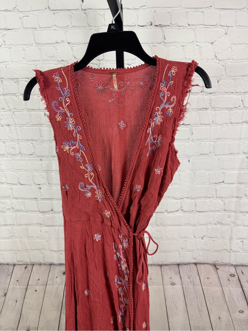 Free People Mia Embroidered Boho Floral Maxi Wrap Dress Aragon Combo *Flawed*